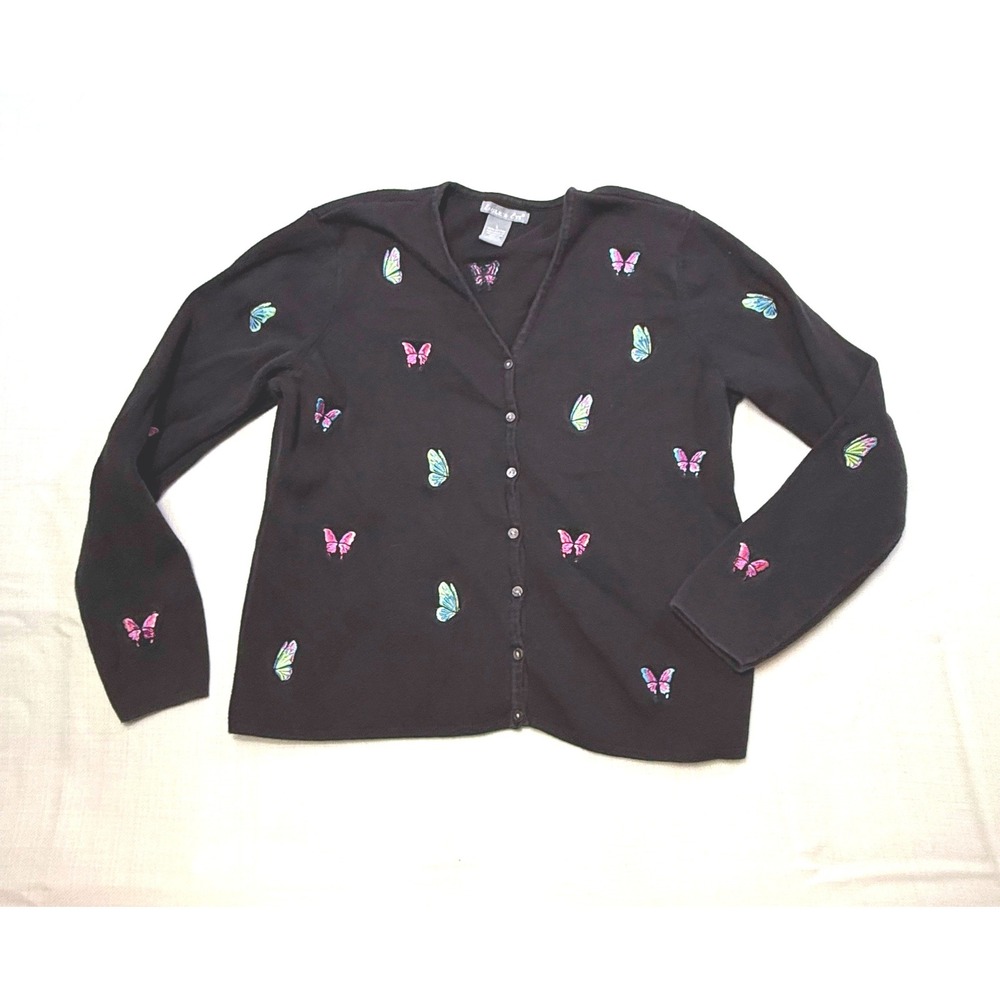 Vintage‎ Eagles Eye Black Butterfly Embroidered Cardigan Sweater Size L